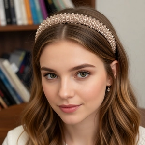 Close-up of luxury thick headband with dense rose gold crystals and sparkling rhinestones