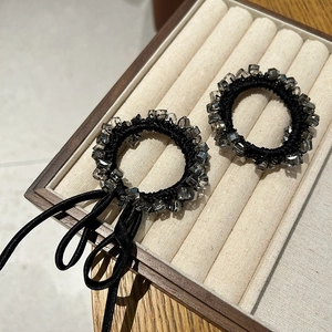 Cube Crystal Hair Tie For Women Girls Black Elastic Beaded Scrunchie Elegant Korean Style Hair Accessories Satin Bow Ribbon
