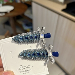 Korean Style Royal Blue Artificial Crystal Bead Hair Clip For Women Handmade Bow Elegant Side Clip Fashion Hair Accessory