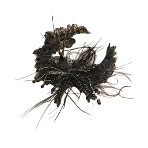 Vintage 1920s style black feather headband with elegant lace and beaded tassels