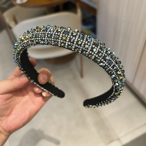 Close-up of luxury padded headband with multi-color crystal beads and non-slip inner texture
