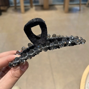 Elegant black satin hair claw clip with sparkling crystal beads for women's updos