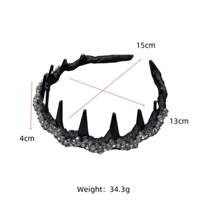 Detailed view of black spiked headband with hand-beaded crystals and dimensions