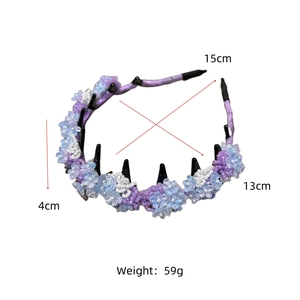 Detail view of purple beaded flower headband with size specs and small side hair clips