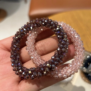 Elegant multi-faceted crystal bead hair ties in purple and pink with high elasticity