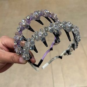 Handmade crystal flower headband set with decorative hair clips in purple and silver white