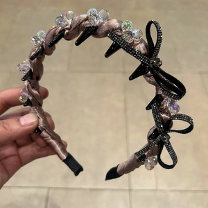 Elegant pleated satin headband with rhinestone bow and beads for a high skull top look