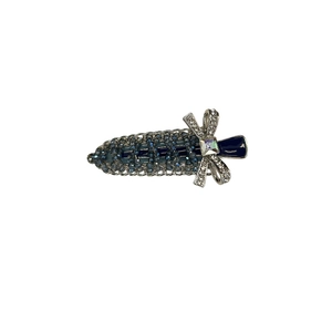 Elegant carrot-shaped hair clip with blue gradient crystal beads and silver bow detail