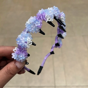 Handmade beaded flower headband in lavender and blue with non-slip teeth hair accessory