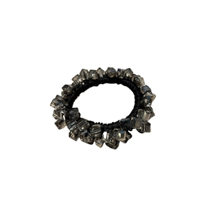 Elegant elastic hair tie with smokey grey crystal beads and black woven band for women