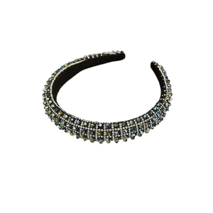 Elegant wide black headband with crystal rhinestones and grey-green faceted beads