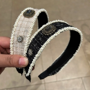 Vintage Tweed Padded Headband For Women With Faux Artificial Pearls Rhinestone Elegant Wide Hair Band Autumn Winter Hair Accessories