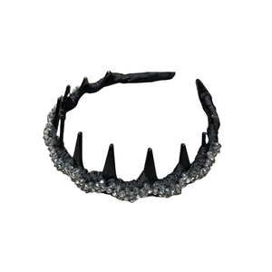 Handmade black beaded headband with punk style spikes and sparkling rhinestone accents