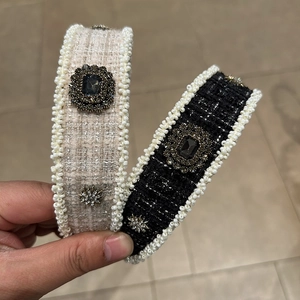 Elegant tweed headbands with faux pearls and rhinestones in black and beige colors