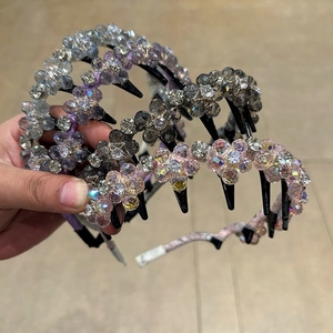Detailed view of handmade crystal flower headbands with anti-slip hair combs in three colors