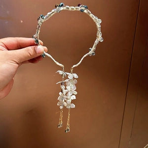 French crystal headband with aurora flower tassels and colorful beads on a white woven band