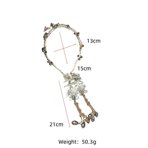 Detailed size chart showing 21cm length for the crystal tassel flower hairband
