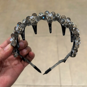 Handmade crystal beaded headband with luxury grey multifaceted stones and non-slip teeth