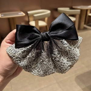 French Chic Satin Large Bow Hair Clip With Elegant Lace Embroidery Retro Oversized Spring Clip Hair Accessory For Women