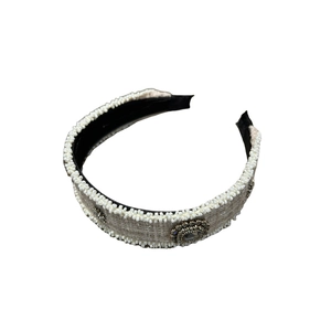 Elegant grey tweed headband with white seed beads and vintage floral metal accents