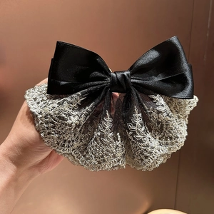 French chic black satin hair bow clip with gold embroidery lace detail for women