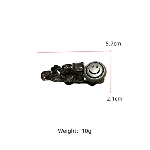 Detailed size view showing the 5.7cm silver rhinestone smiley face hair clip measurements