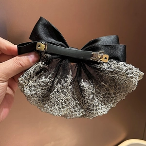 French chic black satin bow hair clip with gold floral lace embroidery detail