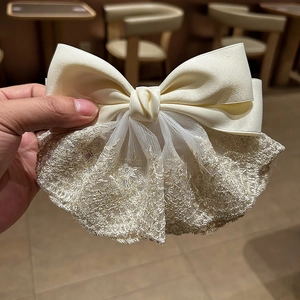 French chic cream satin and gold lace bow hair clip for elegant women styling