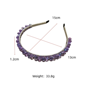 Detail view of purple crystal headband dimensions 15x13x1.2cm and 33.8g weight spec
