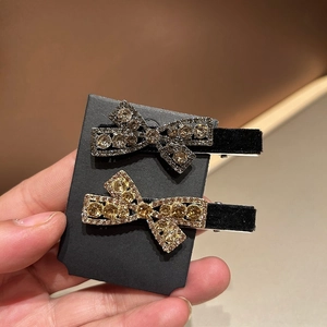 Elegant Korean Style Velvet Bowknot Hair Clip With Sparkling Rhinestones Champagne Gold Grey Side Clip For Women Hair Jewelry