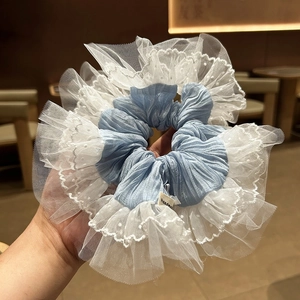Chouchou Large en Dentelle et Maille à Pois avec Nœud et Fausse Künstliche Perle Bandeau Plissé pour Femme Accessoires Cheveux Mode