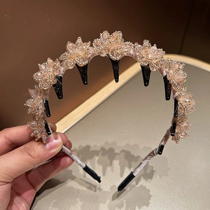 Korean Style Artificial Crystal Flower Headband Elegant Beaded Satin Wrapped Hair Hoop With Non-slip Teeth Clips Hair Accessories For Women