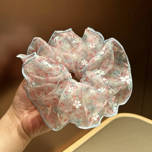 Chouchou en Organza Floral Style Coréen Romantique Maille Grand Élastique Élégant Doux Fleur Porte Queue de Cheval Femme Accessoires