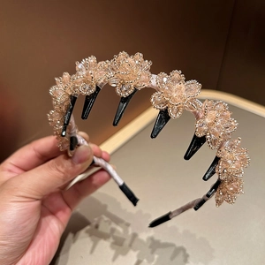 Elegant champagne gold floral headband with crystal beaded flowers and hair clips