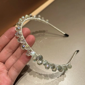 Luxurious handmade silver headband with multifaceted clear crystal beads for women