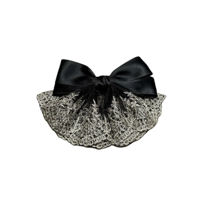 French chic black satin bow hair clip with silver lace leaf embroidery for women