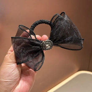 Handmade Mesh Rhinestone Bowknot Hair Tie Organza Large Bow Hair Band Elastic Hair Rope For Women Elegant Hair Accessories