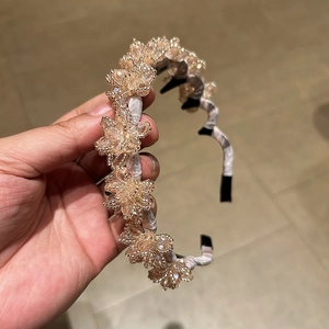 Elegant champagne gold crystal flower headband with handmade beaded floral design for women