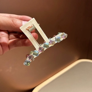Pince à cheveux rectangulaire crème élégante avec strass colorés pour femmes