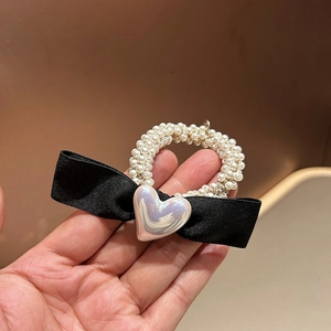 Élastique à Cheveux Élégant avec Nœud et Künstliche Perles Ruban en Satin Noir Cœur Iridescent Accessoires de Coiffure Style Coréen