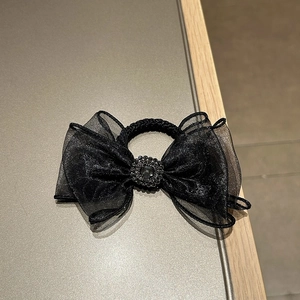 Elegant black mesh bow hair scrunchie with sparkling rhinestone center accessory