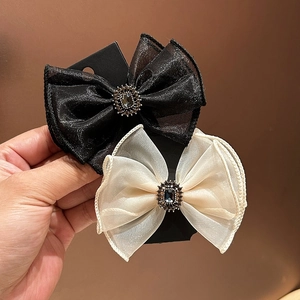 Elegant Organza Bow Hair Clip With Retro Gemstone Rhinestone Center Korean Style Mesh Hair Tie For Women Party Accessories