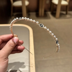 Cerchietto Künstliche Perle Oro in Lega Coreano Elegante Fiore Nero Strass Cerchietto Per Capelli Accessori Moda Per Donna