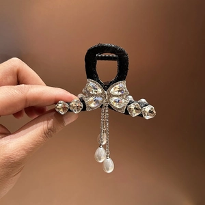 Elegante Zwarte Fluwelen Strik Haarspeld Met Strass Kwastje Kunstparel Franse Luxe Haarklem Hoofdband Voor Vrouwen