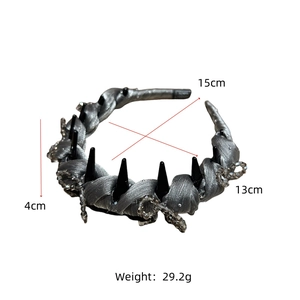 Gothic silver-grey headband with black spikes and bead chains, size 15x13cm, weight 29g