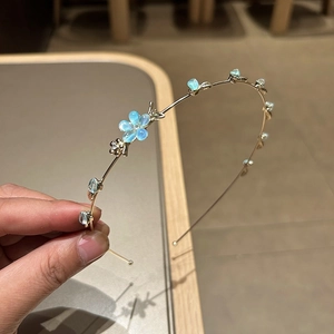 Serre-tête doré double couche avec fleurs en cristal bleu et pierres précieuses