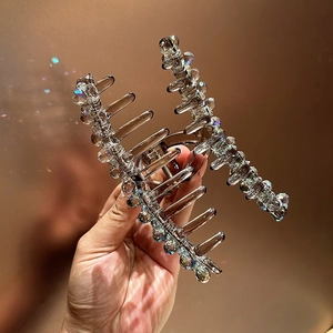 Grande pince à cheveux ambre avec perles en cristal et gemmes irisées pour femmes