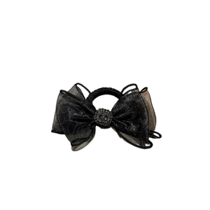 Elegant black mesh bow hair tie with sparkling rhinestone center on elastic band