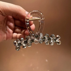 Elegant clear plastic hair claw clip with grey faceted crystals for thin hair styling
