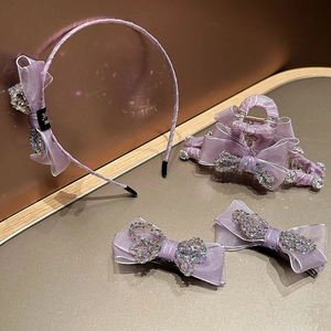 Elegant Light Purple Bowknot Hair Clip Set Rhinestone Satin Organza Headband Hair Claw Hairpin For Women Party Jewelry